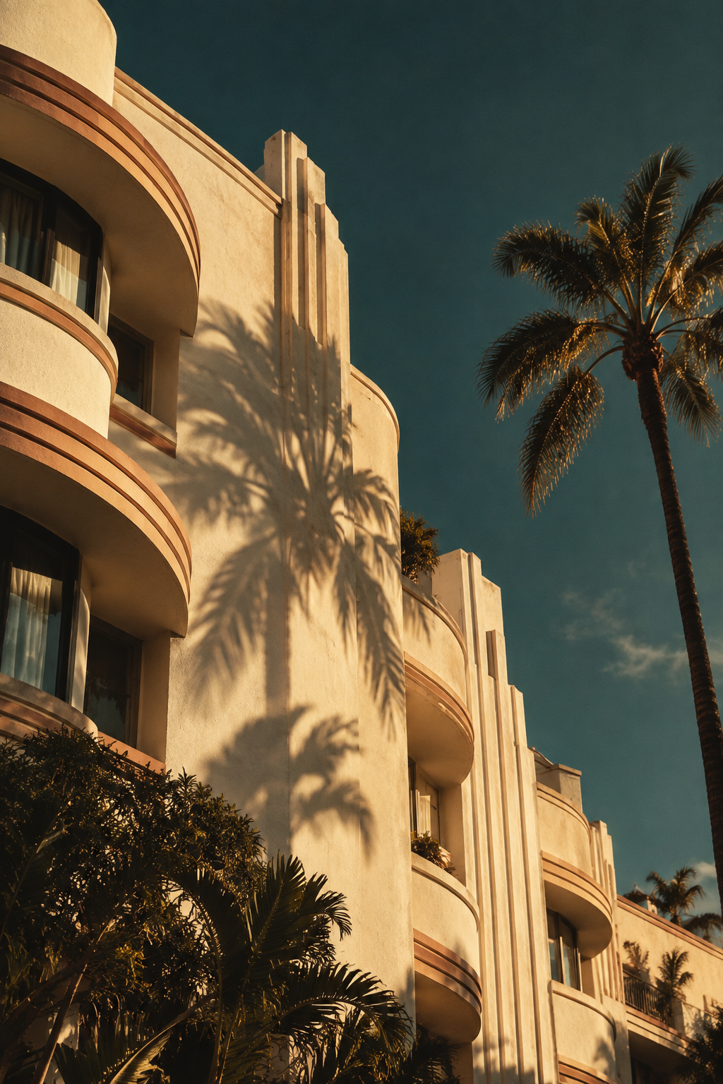 KI-generierte Beverly-Hills-Fassade mit runden Balkonen und Palmenschattenspiel im Abendlicht.